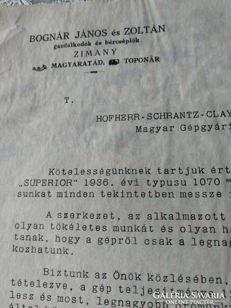 HOFHERR - SCHRANTZ - CLAYTON - SHUTTLEWORTH LEVÉL  R.T.  ZIMÁNY 1937 BOGNÁR JÁNOS