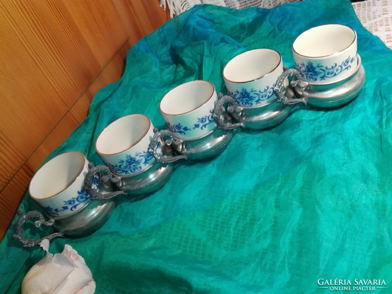 Antique, tin, 95% zin cup holder jp porcelain cup.