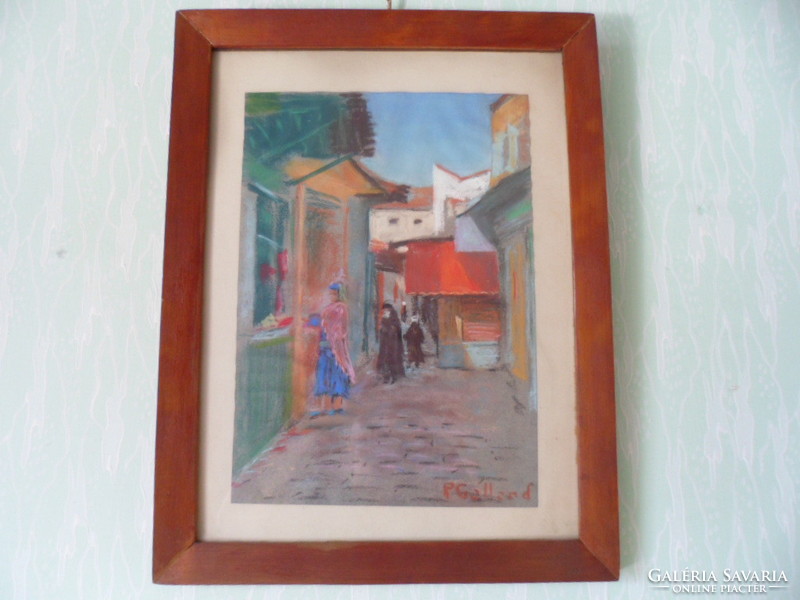 P. Gallard: Medinai utcarészlet 90 éves pasztell fa keretben. Medinai utcai festőtől vásárolt kép.