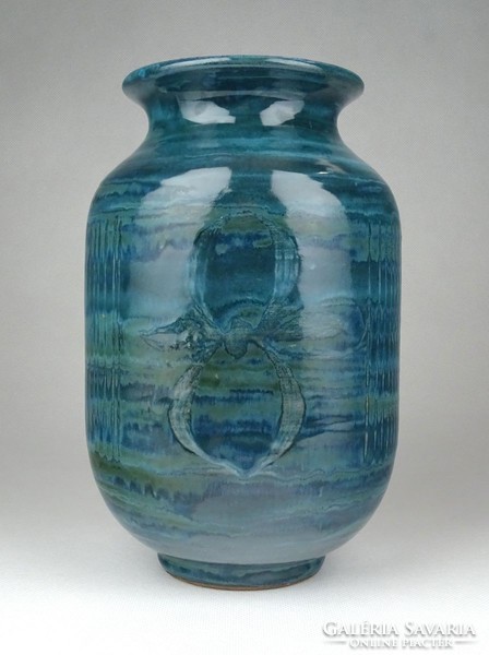 1E963 Kékeszöld mázas retro öblös kerámia váza 21 cm