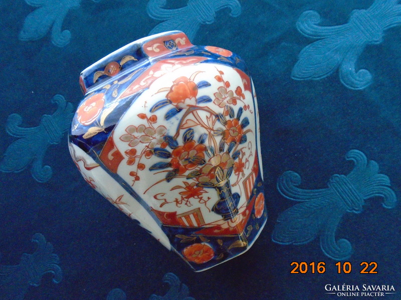 1870 Edo imari, lid, hexagonal, hand-painted cobalt gold, iron-red vase