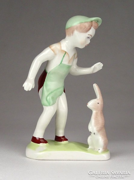 1F009 Jelzett Aquincum porcelán fiú nyúllal figura 13.5 cm