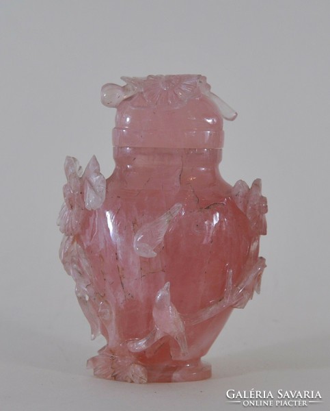 Kínai rózsakvarc palack, finom kézi faragással