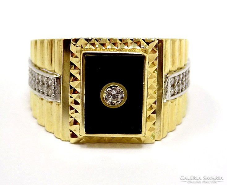 Gold seal ring with black and white stones (zal-au99403)
