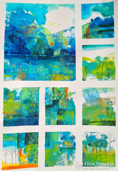 Nine landscapes in green and blue. 35X50cm