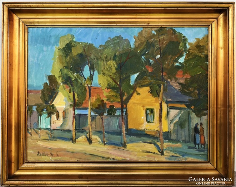 Fisherman Sándor Szabó (1920 - 1996) in front of the house c. Oil painting 96x76cm with original guarantee