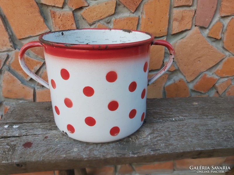 Rare red polka dot budafok pot with enamel bowl, nostalgia piece, peasant decoration