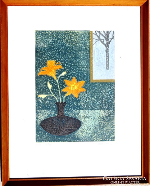 Ilona Antal (1932-2004): red lily - color lithograph, framed