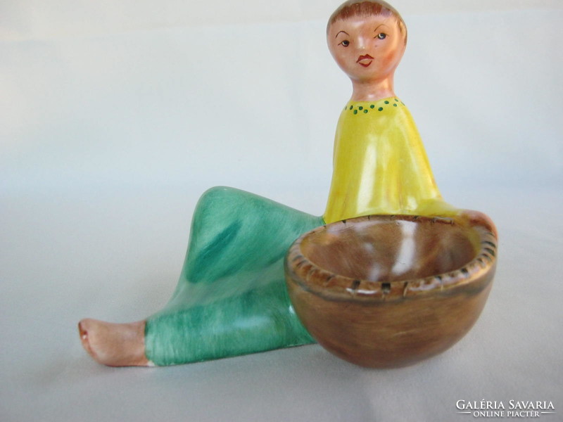 Bodrogkeresztúr retro ceramic girl with bowl