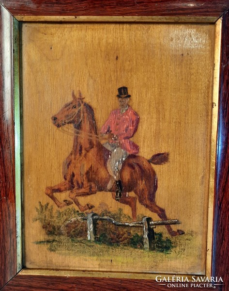 Lóugratás, fára festett festmény keretben