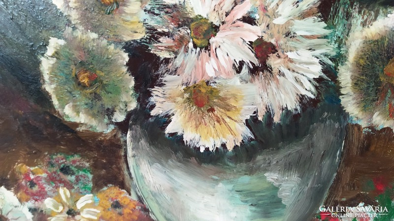 Gyönyörű nagyméretű kvalitásos virágcsendélet festmény TM. jelzéssel 94x71