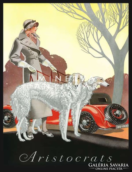 Vintage art deco divat plakát reprint elegáns arisztokrata hölgy kosztüm kalap agár kutya sportkocsi