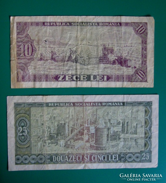 2 db-os román Lei bankjegy lot - 10 és 25 Lei - 1966