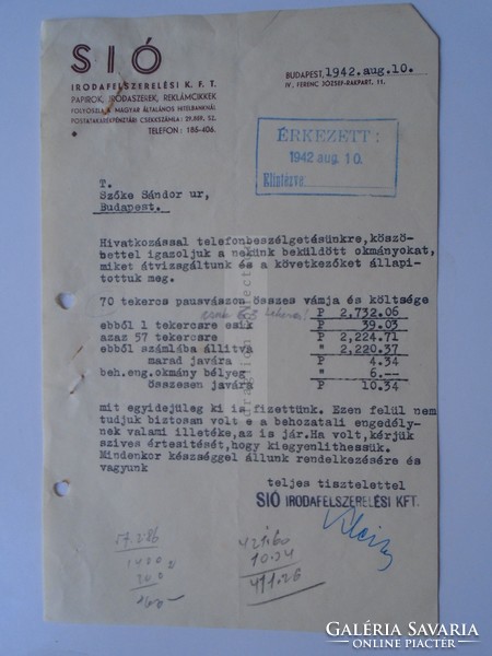 G2021.35 SIÓ Irodafelszerelési Kft Budapest 1942  üzleti levél  aláírás Klein