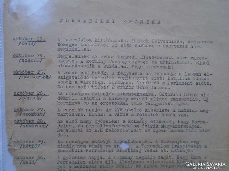 G2021.44 Forradalmi Krónika  1956 október 23- november 4 - eredeti korabeli gépelt irat (Tata,Győr)