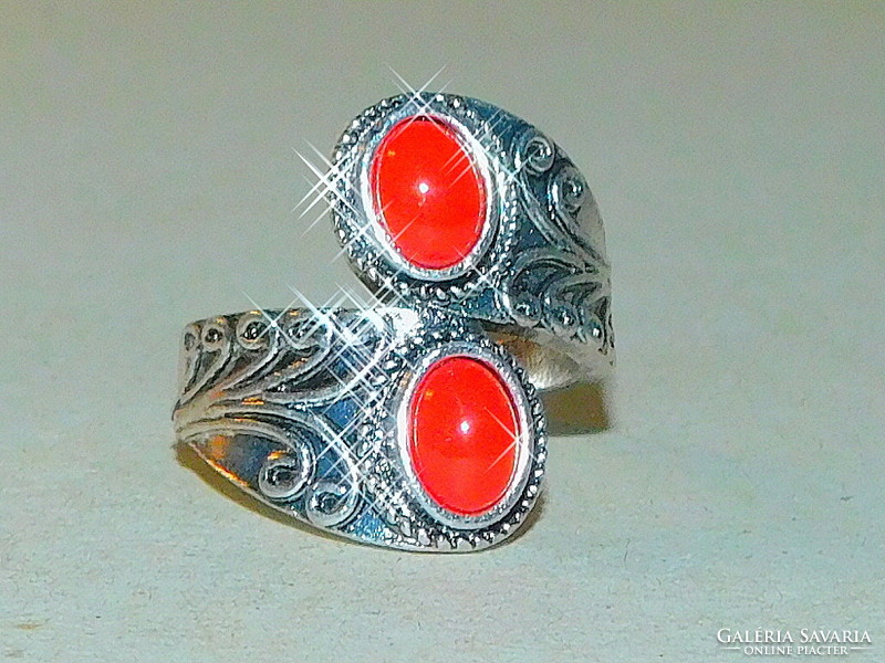 Coral red stone twisted ornate Tibetan silver ring 8