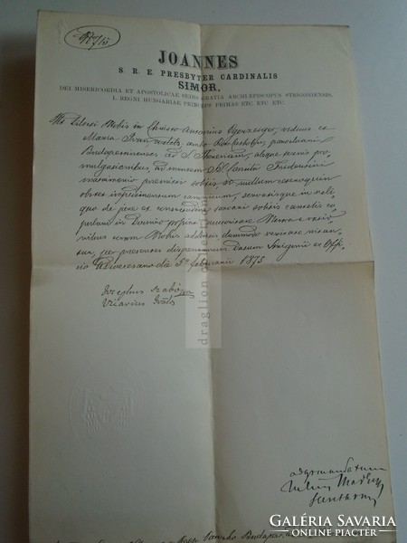 G2021.57 Joannes SIMOR János hercegprímás esztergomi érsek által kiadott dokumentum 1875