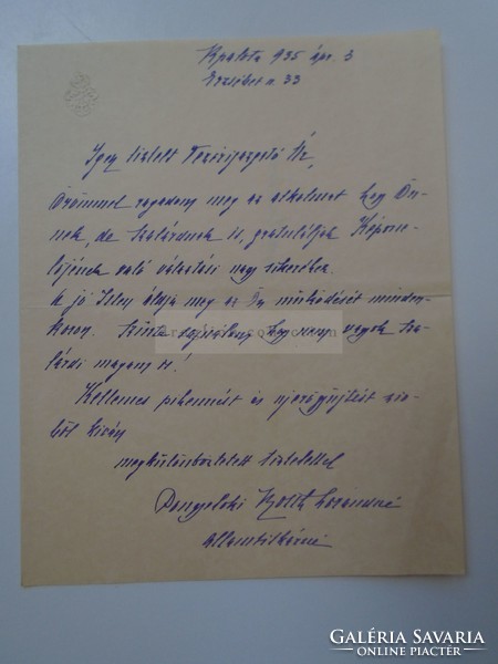 G2021.141 Pongyeloki Rotth Lorándné  államtitkárné  kézzel írt  levele 1936-ból