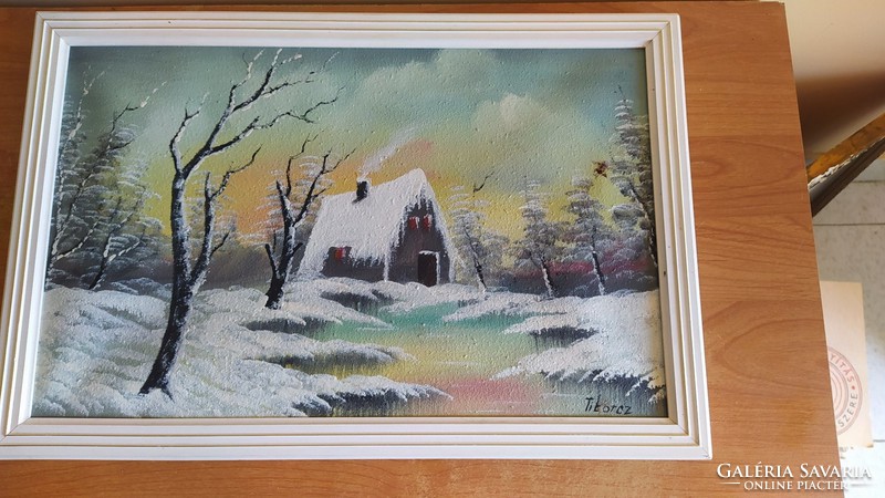 (K) Téli tájkép festmény szignózott 48x32 cm kerettel Tiborcz