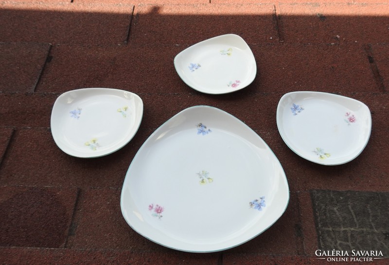 A set of rare hand painted triangle shaped vintage Raven House cake plates