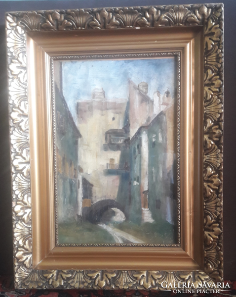 Mediterranean street view in a beautiful frame! - Oil painting 44x57 cm with small or small mary (?) Mark
