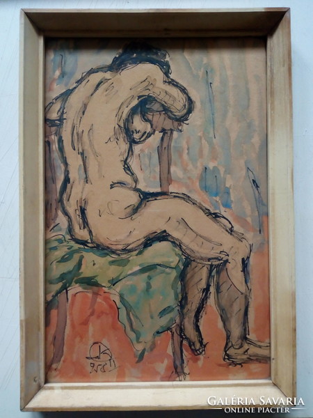 Kartschmaroff Lóránd: Széken ülő akt, akvarell