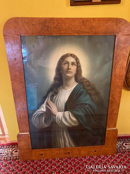 Nagyméretű Szűz Mária festmény vastag szép, hibátlan diófa keretben