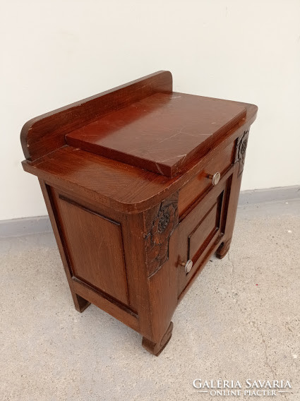 Antique Art Deco Carved Hardwood Bedside Table Top with Heavy Marble Slab 1920s-30s