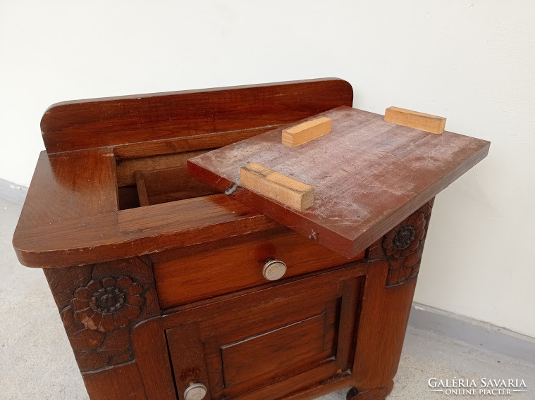 Antique Art Deco Carved Hardwood Bedside Table Top with Heavy Marble Slab 1920s-30s