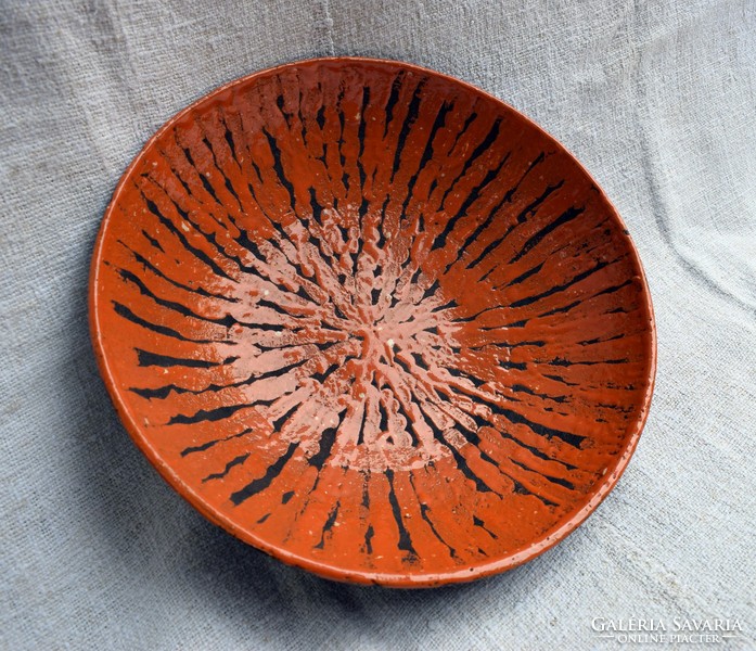 Iparművészeti kézműves Retro design kerámia tál fali dísz tányér 32,5 x 8,5 cm