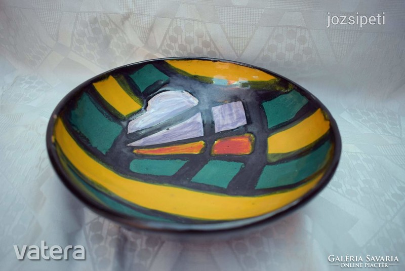 Iparművészeti kézműves Retro design kerámia tál fali dísz tányér 21,5 x 6,3 cm