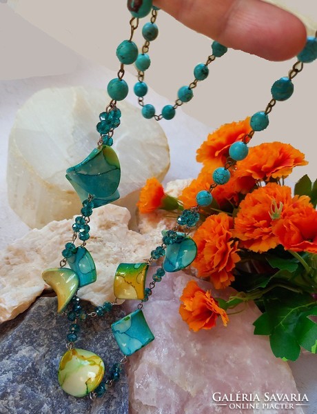 Special, unique, long real turquoise necklace with swarovski crystals
