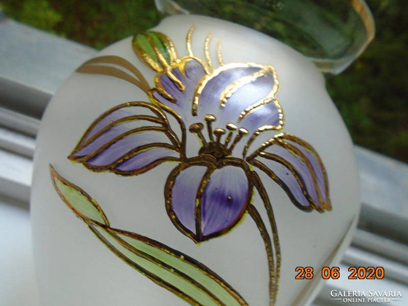 Szecessziós liliomos kézzel festett, dombor aranykontúrozott  váza