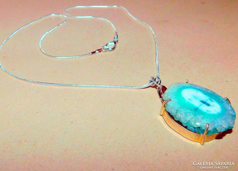 Blue druzy agate mineral stone pendant with gift necklace