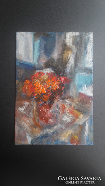 Bájos miniatűr csendélet - pasztózus (olaj-karton 24x16, ismeretlen) virág az ablakban