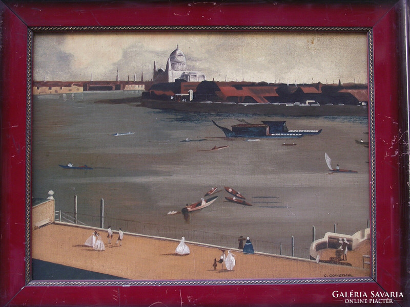 Ismeretlen angol festő: Kilátás a kikötőre, olajfestmény 1910-20as évek