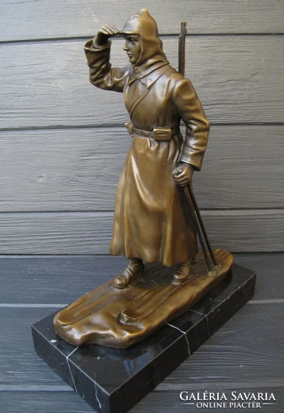 Russian Skiing Soldier - bronze statue artwork