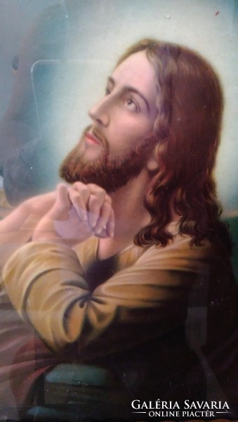 Jézus a Mindenhatóhoz imádkozik - szentkép-  antik blondel keretben