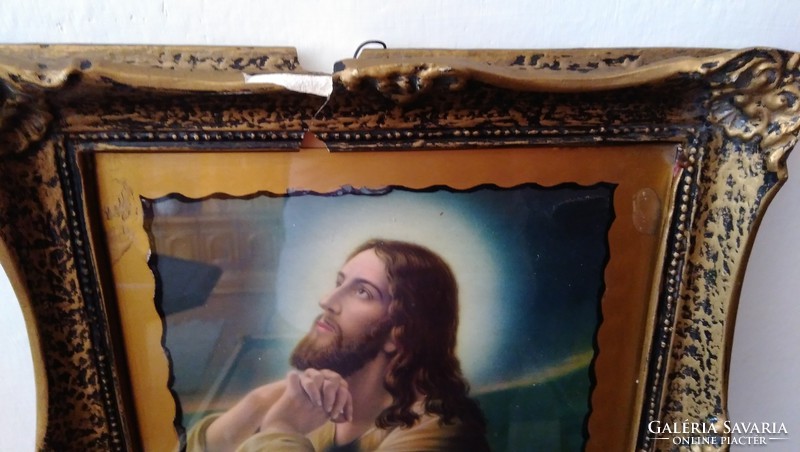 Jézus a Mindenhatóhoz imádkozik - szentkép-  antik blondel keretben