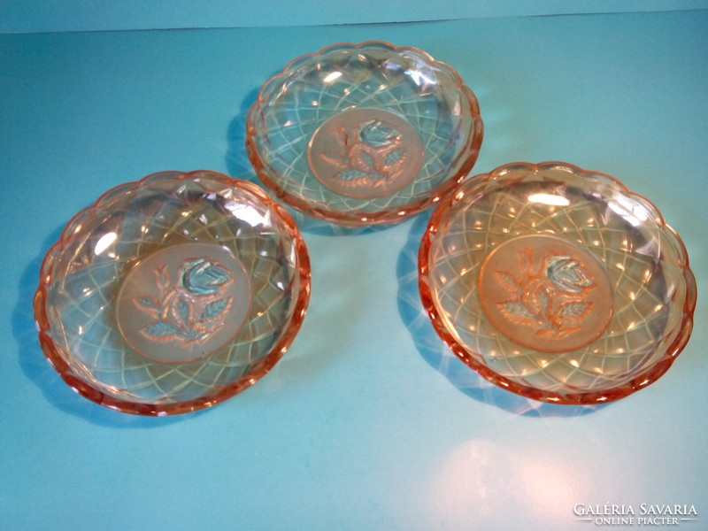 MOST MEGÉRI! Antik régi vastag falú üveg tányér tálka 3 darab együtt mélyen csiszolt virág mintával