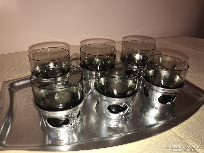 Antique Russian cup holder (with 6 glasses and tray)