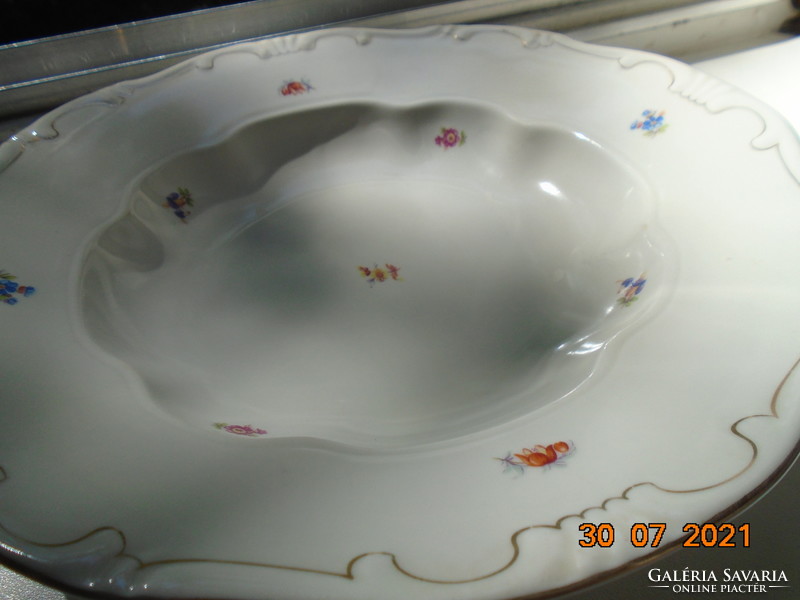 Zsolnay shield-sealed, gold-contoured deep plate with scattered floral pattern