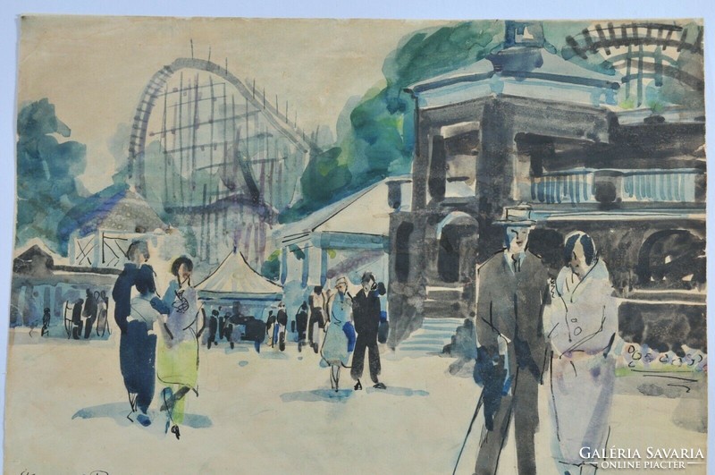 Ismeretlen művész, Utcai jelenet az 1920 -as évekből, akvarell