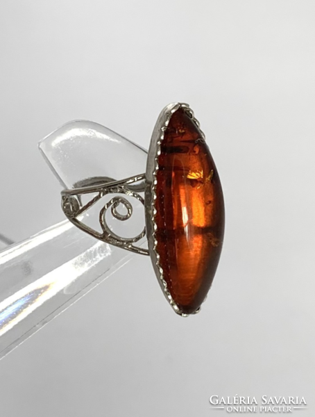 Vintage orosz ezüstözött borostyán köves gyűrű Méret átm:19 mm, régi borostyán ékszer,Bernstein Ring