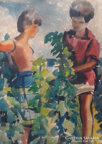 Dirmayer Mariann: Fiú és lány a természetben - Vörösberény, 1960 (kerettel, akvarell papíron)