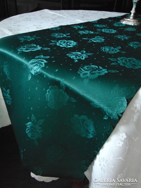 Szépséges fenyőzöld selyemdamaszt asztalterítő 140 x 260 cm ! téglalap