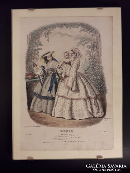 Frame price! French antique steel engraving hand coloring antique fashion print heloise leloir in precious frame