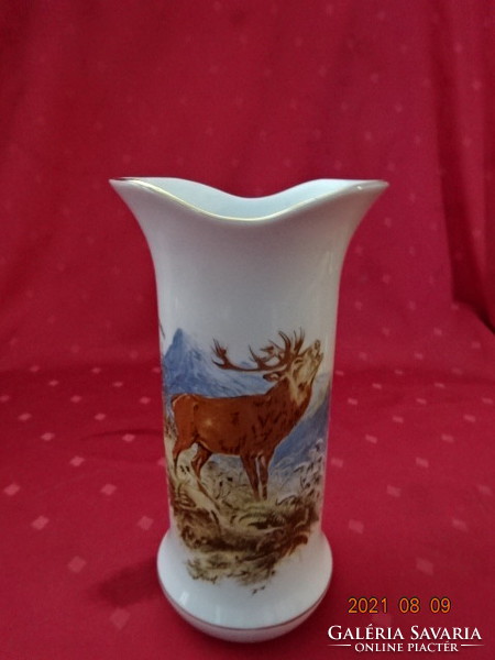 Aquincum porcelán, szarvas mintás váza, Eredményes vadgazdálkodást! Vanneki!