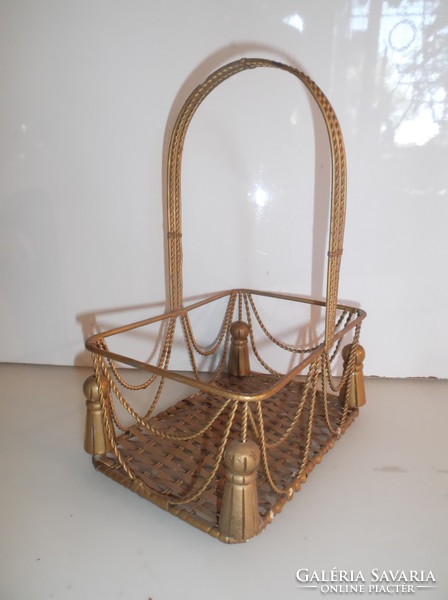 Basket - metal - wood - rattan - antique - 26 x 20 x 14 cm - wooden tassels on four corners - good condition