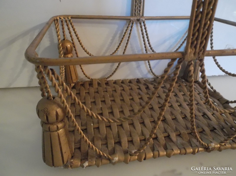 Basket - metal - wood - rattan - antique - 26 x 20 x 14 cm - wooden tassels on four corners - good condition